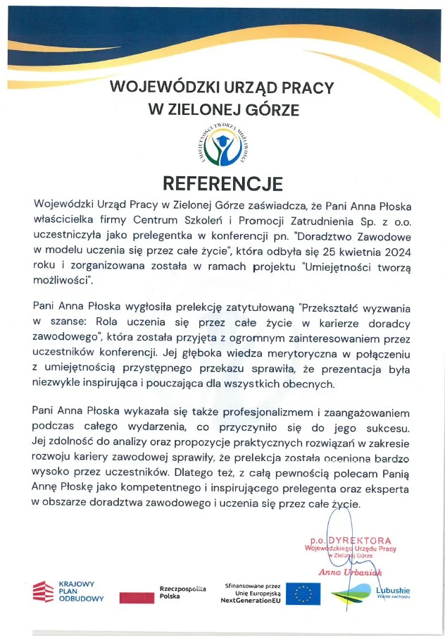 Działania CSIPZ w ramach projektu Krajowy Plan Odbudowy 12 refrencje zielona gora wojewodzki urzad pracy