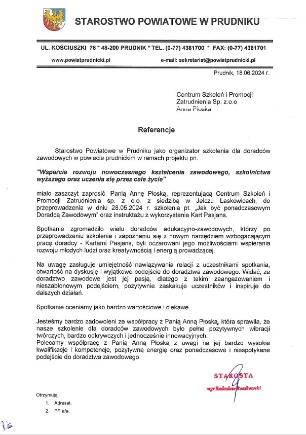 Działania CSIPZ w ramach projektu Krajowy Plan Odbudowy 26 starostwo powiatowe w prudniku szkolenie doradcow